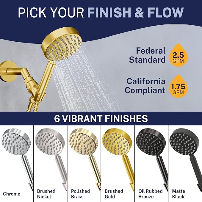 HammerHead Showers® Solid Metal Handheld Shower Head with Hose and Brass Holder - BRUSHED GOLD - 2.5 GPM High Pressure Shower Heads with Adjustable Shower Wand Bracket - 6ft Flexible Extension
