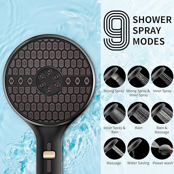 Black Handheld Shower Head, 9 Spray Modes High Pressure Shower head with Power Wash, 71" Extra Long Stainless Steel Hose & Adjustable Shower Bracket for Home Bathroom
