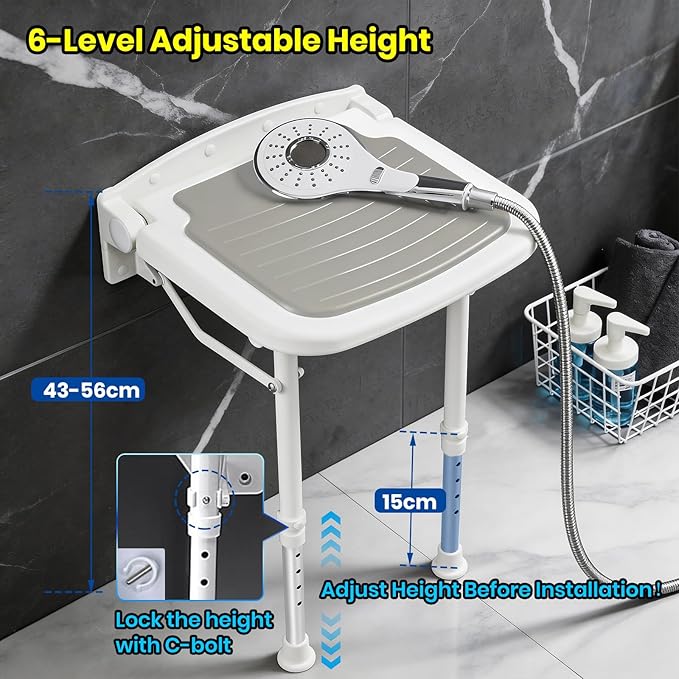Wall Mounted Shower Seats, Support 550lbs, Adjustable Height Fold Down Shower Seat Wall Mounted, Folding Shower Bench Wall Mounted for Elderly-Adults-Pregnants-Seniors-Disabled