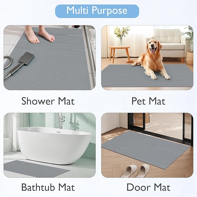 Extra Large Non-Slip Shower Mat, Fast-Dry PVC Bath Stall & Tub Mat, Drain-Hole Design,for Shower Stall Tub for Elderly/Kids，Non Slip Bathroom Safety Accessory，Gray 32"x58"