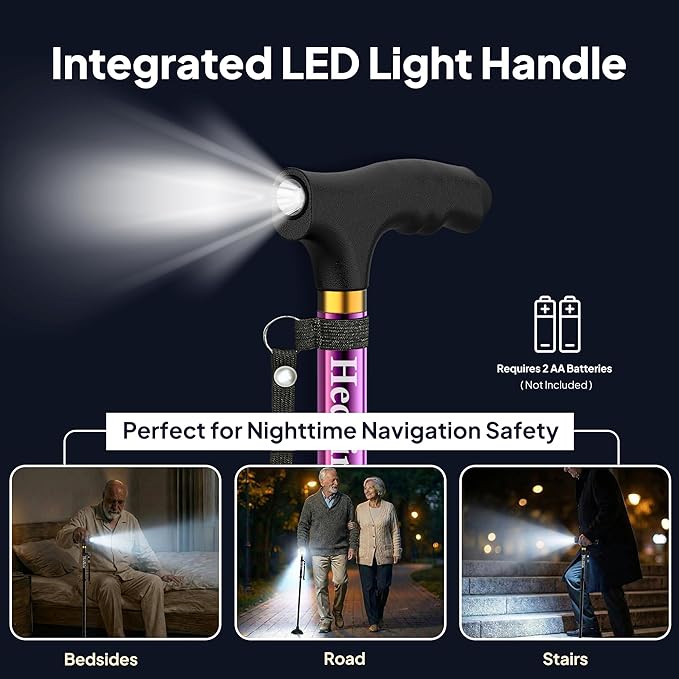 Walking Cane with LED Light, Foldable,Adjustable, Self Standing Walking Canes for Men & Women,Walking Sticks with Quad Base for Seniors & Adults
