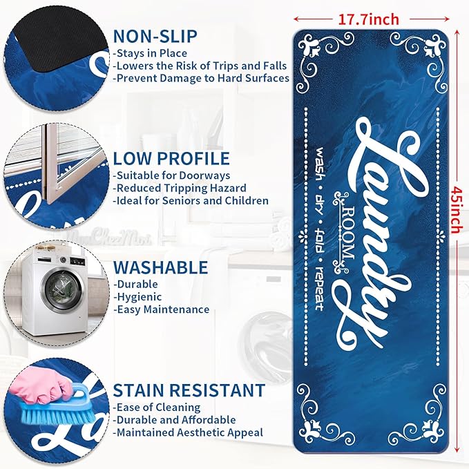 XLHOMO Laundry Room Rug Runner Non Slip, 17.7"x45" Navy Blue Laundry Mat Farmhouse Washable, Laundry Rugs for Laundry Room Floor, Mudroom, Kitchen, Washroom, Bathroom, Hallway, Entryway Carpet Decor