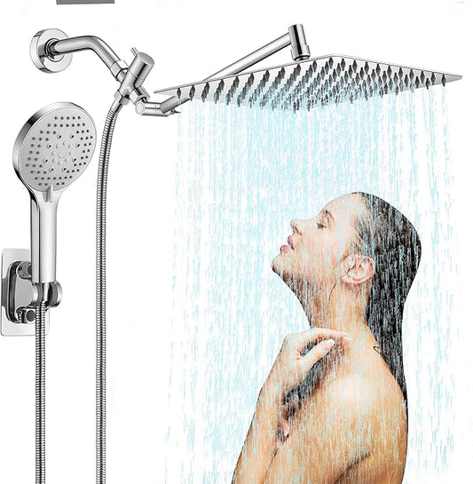 10 inch Rain Shower Head with Handheld Spray Stainless Steel, High Pressure Square Rainfall Showerhead Combo with 6 Handheld Sprayer, Detachable Shower Heads Waterfall Shower for Bathtub