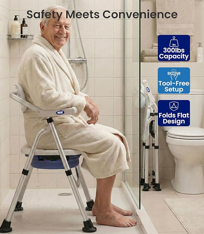VOCIC Folding Shower Chair for Inside Shower, Lab-Tested 300lbs Heavy Duty Shower Seat for Elderly & Disabled, Flip-Up Arms, Cutout Seat, Height Adjustable Back & Legs, Portable Shower Commode Chair