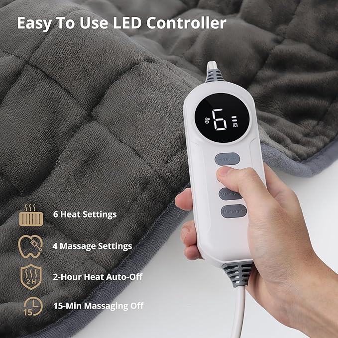 Heating Pad, Weighted Vibrating Massage Heating Pad with Heat Therapy - 4 Massage Modes & 6 Adjustable Heat Settings for Back/Shoulder Pain Relief, 12” x 24”, Black，Birthday Gifts for Women Men