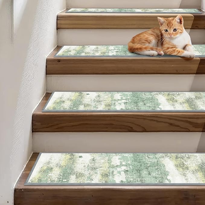 sarben Carpet Stair Treads Non Slip 15PCS, 8" X 30" Edging Stair Runner for Wooden Steps Indoor, Resistant Stair Rugs with Reusable TPE Adhesive Backing, Residue Mat for Elders, Pets, Moss/Ivory
