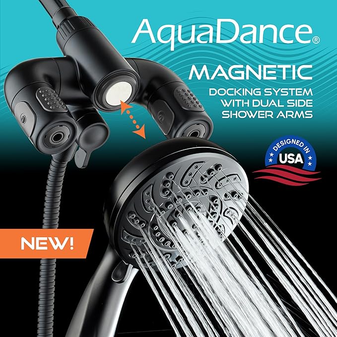 Aquadance High Pressure 156 Setting 14 Zone Shower Head & Handheld 3-way Combo System - Magnetic Docking, 314 Power Jets, Dual Adjustable Arms, 6 ft. Metal Hose, Matte Black Finish, Top American Brand