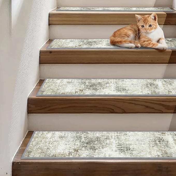 sarben Carpet Stair Treads Non Slip 15PCS, 8" X 30" Edging Stair Runner for Wooden Steps Indoor, Resistant Stair Rugs with Reusable TPE Adhesive Backing, Residue Mat for Elders, Pets, Ashstone/Grey