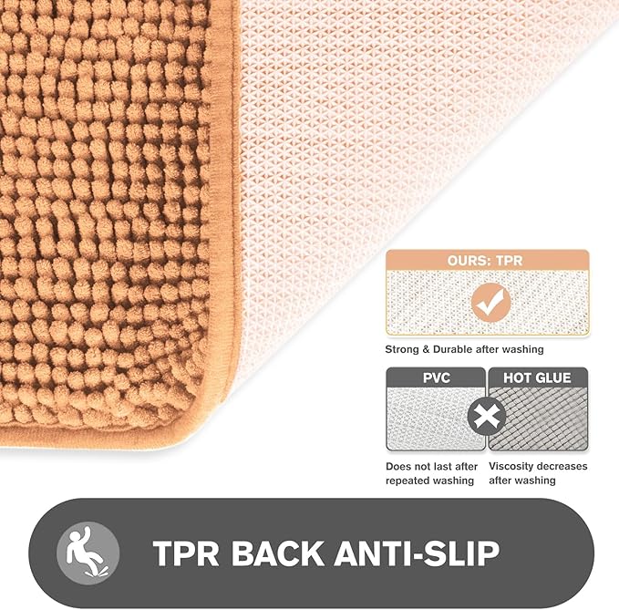 Peach Bathroom Rugs Sets 2 Piece – Absorbent and Washable Bath Mat, Non-Slip, Thick Soft Chenille Bath Rugs for Bathroom Floor, Shower, Sink - 17" x 24"+20" x 32"
