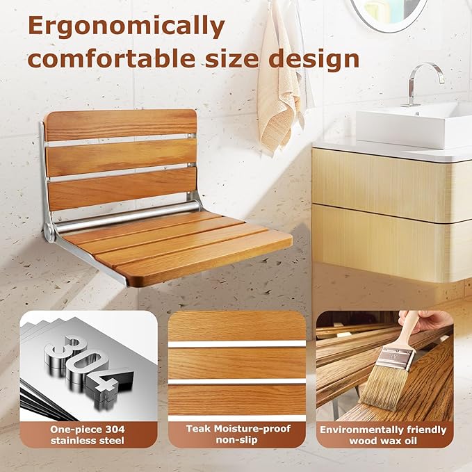 16 Inch Foldable Shower Seat Wall Mounted, Folding Shower Bench for Small Shower Spaces, 400lbs Max Load for Inside Shower, Foldable Chair for Seniors Adults,304 Stainless Steel