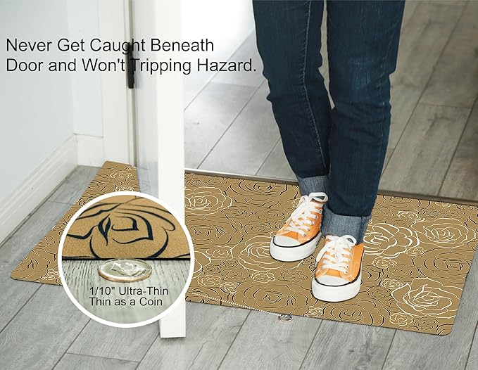 1/10 Inch Ultra Thin 24"×35" Large Front Door Mat Indoor Entrance Inside Non Slip, Waterproof Rubber Kitchen mat and Interior Home Washable Door Mat, Tan Brown