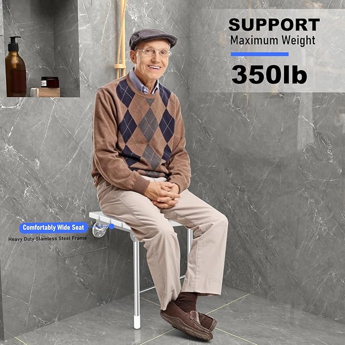 Folding Shower Seat, Wall Mounted Bathroom Safety Stool Chair with Support Legs, Foldable Wall Wood Shower Bench for Seniors (White)
