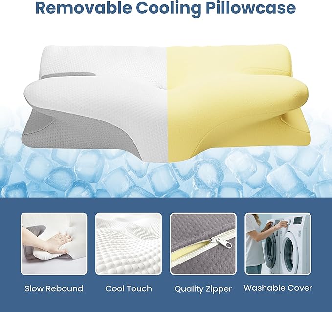Ergonomic Cervical Memory Foam Pillow for Neck Pain Relief, Adjustable Contour Pillow with Hollow Center & Cooling Cover