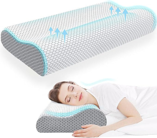 CloudBliss Memory Foam Pillow, Ergonomic Neck Contour Cervical Pillow for Back and Shoulder Pain, Orthopedic Pillow for Neck Pain Relief, for Sleeping Side, Back, Stomach Sleepers - Grey, Queen