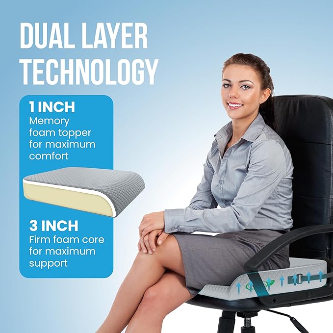 Extra Large Memory Foam Seat Cushion - Wheelchair Cushion Pad, Anti-Slip, Removable Strap, Coccyx Pain Relief, 19” X 17” X 3” (Gray)