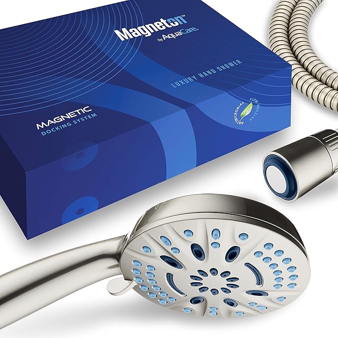 AquaCare Magneton High-Pressure 8-mode Handheld Shower Head with Magnetic Guidance Docking System - 2 Magnetic Brackets, 5 inch Face, Hygienic Jets, 6 ft. Stainless Steel Hose - All Nickel Finish