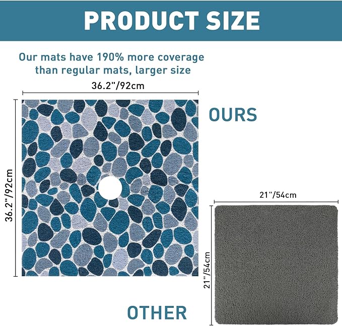 Square Shower Mat Non Slip: 36 x 36 Inch Extra Large Shower Mats with Drain Hole in Middle - PVC Loofah Anti Slip Shower Floor Matt for Inside Shower