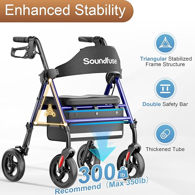 SOUNDFUSE Walkers for Seniors, Rollator Walker with Seat, 8" All Terrain Wheels, Double Support Bar, 16" Ergonomic Arc Seat and Comfortable Backrest, Dual Height Adjustable and Foldable Design