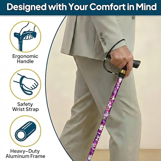 Walking Cane with LED Light, Foldable,Adjustable, Self Standing Walking Canes for Men & Women,Walking Sticks with Quad Base for Seniors & Adults