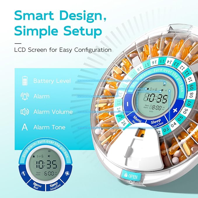 Daviky Automatic Pill Dispenser for Elderly with Alarm, 28-Day Electronic Locked Pill Box, Sound & Light Reminders for Medication, Vitamins, and Supplements