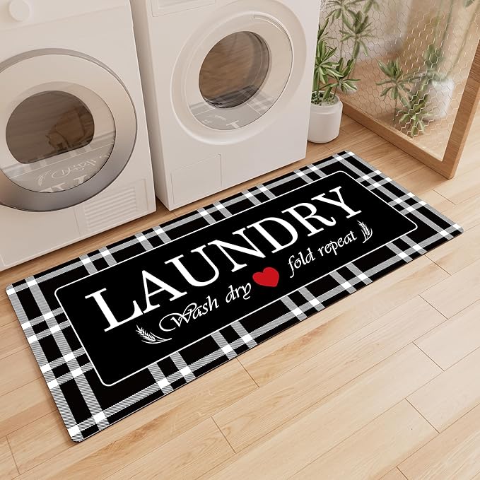 XLHOMO Laundry Room Rug Runner, 17"x47" Buffalo Plaid Non Slip Black Laundry Rugs, Farmhouse Washable Floor Laundry Mats for Laundry Room, Mudroom, Kitchen, Washroom, Bathroom, Entryway Rugs Decor