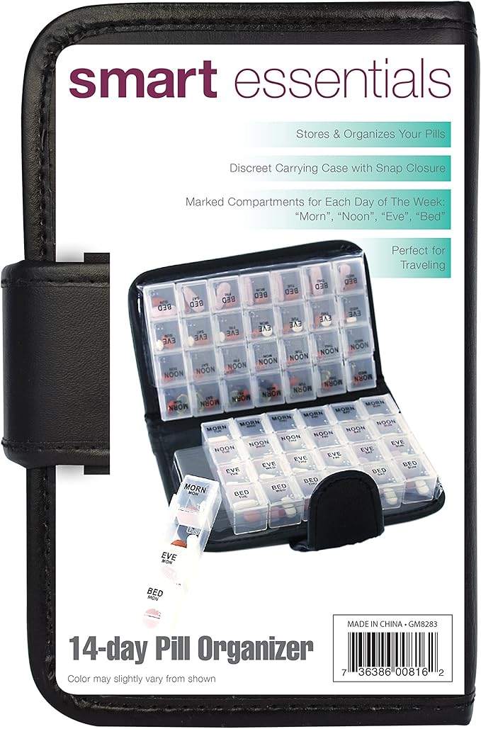Smart Essentials 14 Day Pill & Vitamin Organizer 2 Weeks AM/PM 4 Doses a Day Travel Case Handy & Portable, Black, GM8283