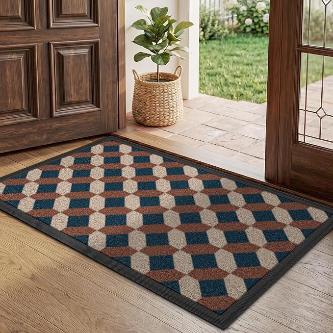 LUMI Front Door Mat 30x48, Low-Profile Non-Slip Welcome Mat for Indoor Outdoor, Stain & Fade Resistant Geometric Door Mat for Entryway Patio Porch, Geo-Navy