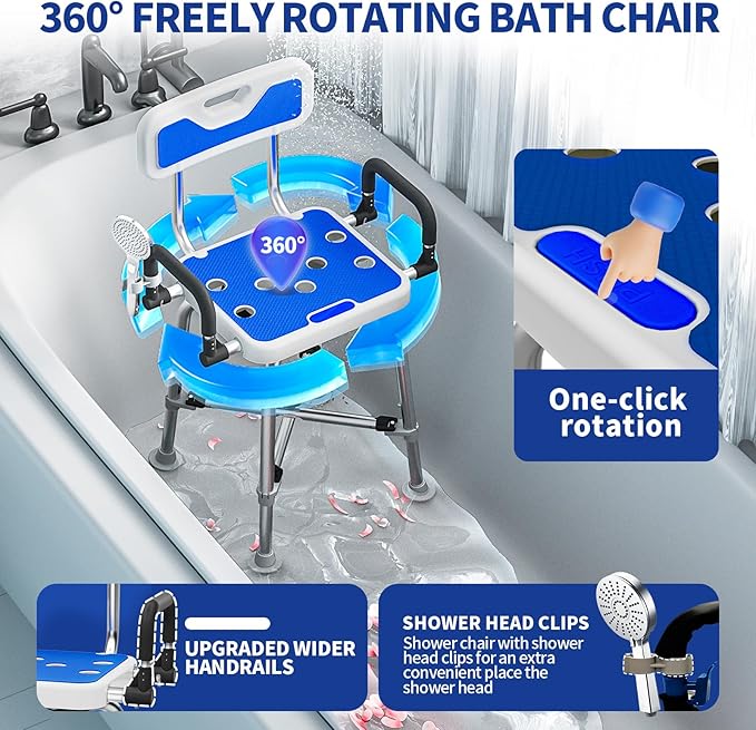 360° Swivel Shower Chair with Arms and Back, Heavy Duty 500 lbs Bariatric Bath Bench for Seniors Elderly Disabled Adults, Upgraded Adjustable Height Shower Stool for Inside Shower Stall