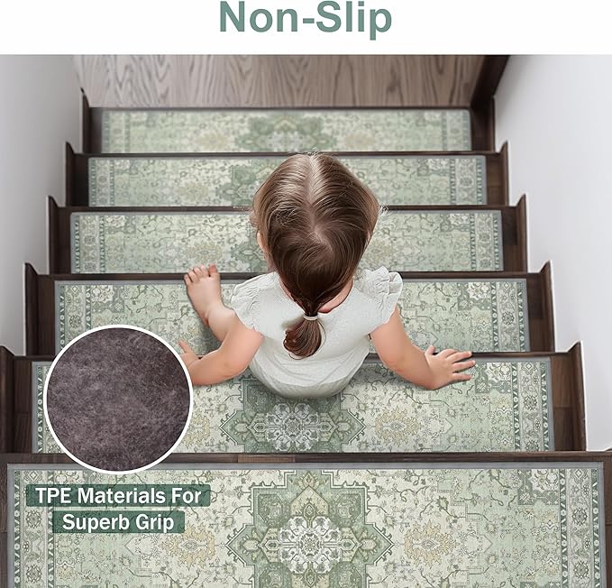 sarben Non Slip Stair Treads for Wooden Steps 15PCS - 8"x30" Indoor Safety Carpet, Edging Mats with TPE Adhesive Backing, Pet and Elderly Friendly Stair Rugs (Mint&Green)