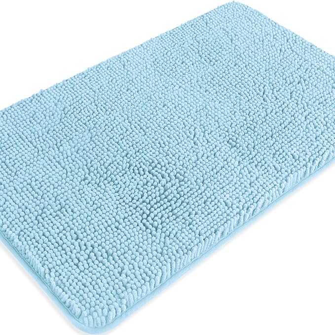 Light Blue Bathroom Rugs – Absorbent and Washable Bath Mat, Non-Slip, Thick Soft Chenille Bath Rugs for Bathroom Floor, Shower, Sink - 20" x 32"