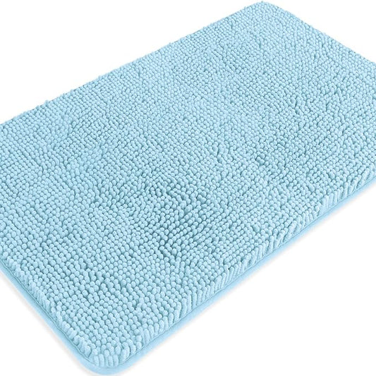 Light Blue Bathroom Rugs – Absorbent and Washable Bath Mat, Non-Slip, Thick Soft Chenille Bath Rugs for Bathroom Floor, Shower, Sink - 20" x 32"
