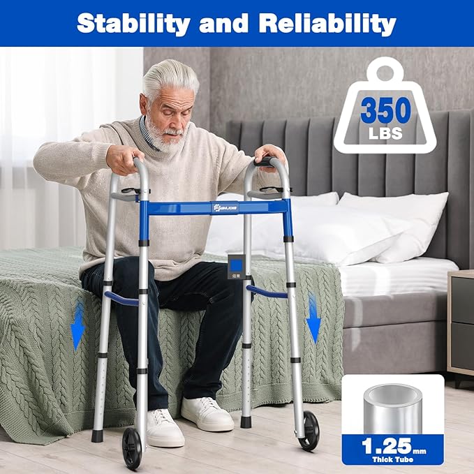 Whlicks Narrow Folding Walkers for Seniors,Aluminum Lightweight Walkers with Wheels, Adjustable Width and Height Front Wheel Walker for Elderly and Disabled, Supports up to 350 lbs