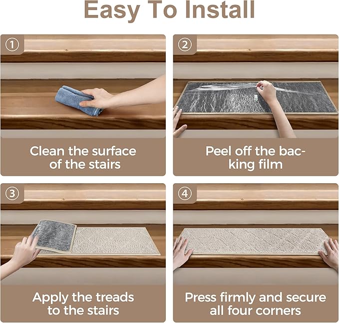 Non Slip Microfiber Stair Treads for Wooden Steps, 15PCS 8"x30" Indoor Safety Carpet, 3D Cut & Loop Tufted Edging Mats with TPE Adhesive Backing, Pet & Elderly Friendly Stair Rugs (Beige/White)