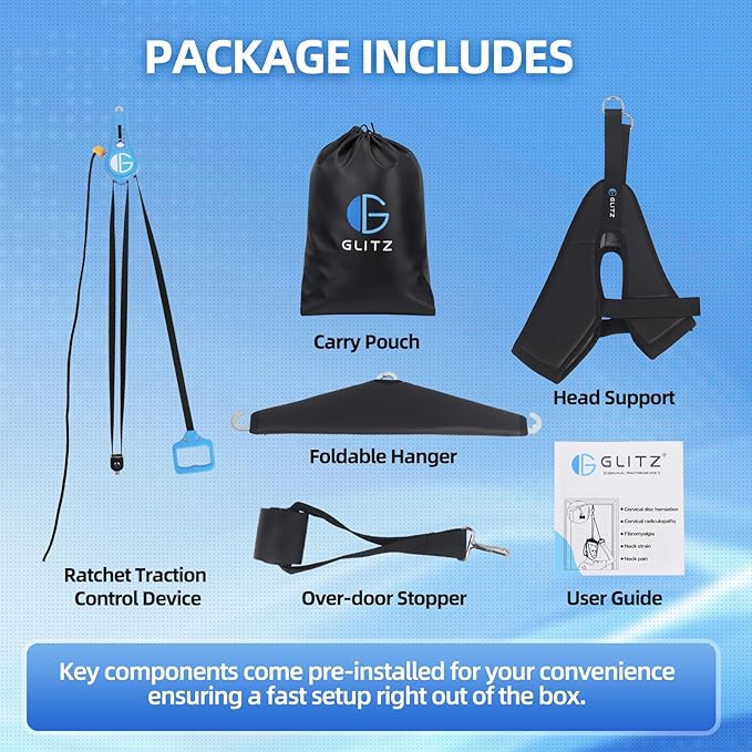glitz Upgraded Neck Stretcher & Cervical Traction Device with Ratchet System – 50-200N Adjustable Over-Door Traction for Pain Relief & Spinal Decompression, Force-Limited Easy-Release Pull Cord