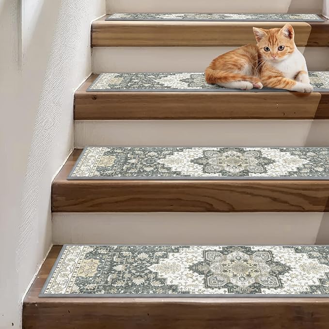 Non Slip Stair Treads for Wooden Steps 15PCS - 8"x30" Indoor Safety Carpet, Edging Mats with TPE Adhesive Backing, Pet and Elderly Friendly Stair Rugs (Heathered Grey)