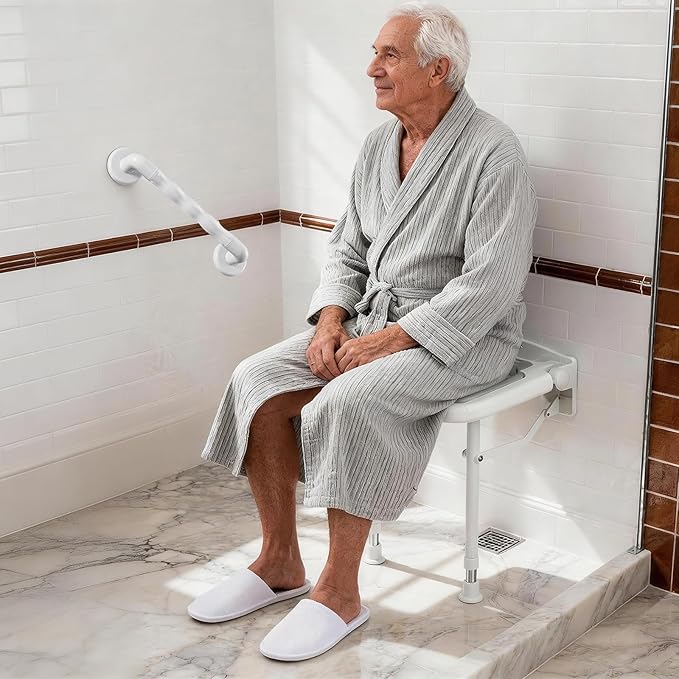 Wall Mounted Shower Seats with Bathroom Grab Bar, Support 550lbs, Adjustable Height Fold Down Shower Seat Wall Mounted, Folding Shower Bench Wall Mounted for Elderly-Adults-Pregnants-Seniors-Disabled