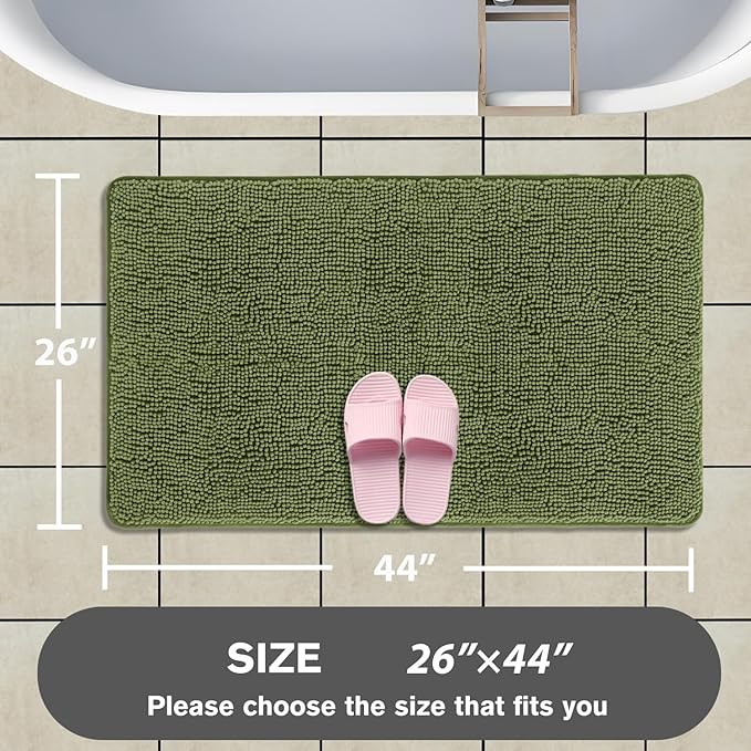 Sage Bathroom Rugs – Absorbent and Washable Bath Mat, Non-Slip, Thick Soft Chenille Bath Rugs for Bathroom Floor, Shower, Sink - 26" x 44"