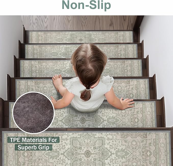 sarben Non Slip Stair Treads for Wooden Steps 15PCS - 8"x30" Indoor Safety Carpet, Edging Mats with TPE Adhesive Backing, Pet and Elderly Friendly Stair Rugs (Sage&Green)