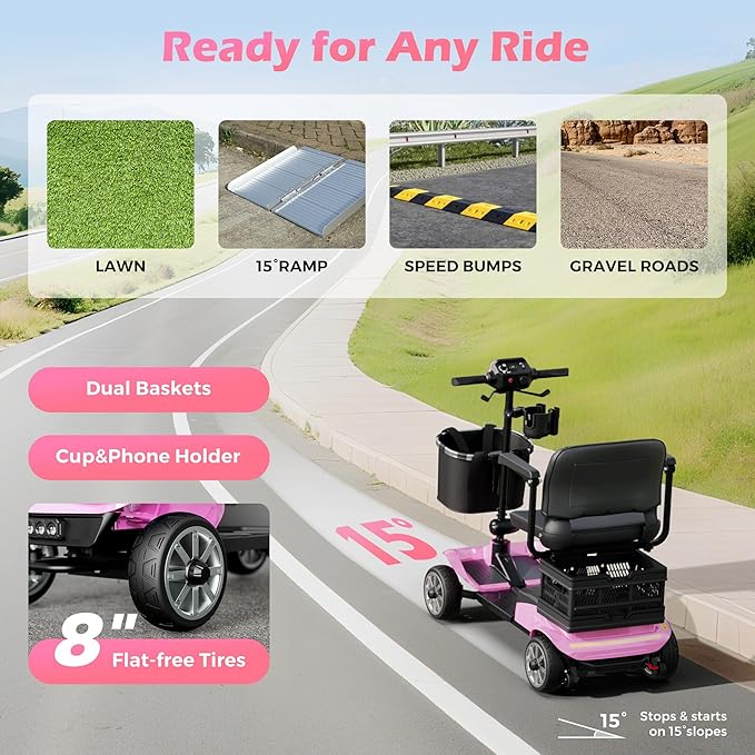 4-Wheel Mobility Scooter for Adults – Foldable Portable Motorized Scooters with 330lbs Capacity, Detachable Battery, Dual Baskets, Cup & Phone Holder, Pink