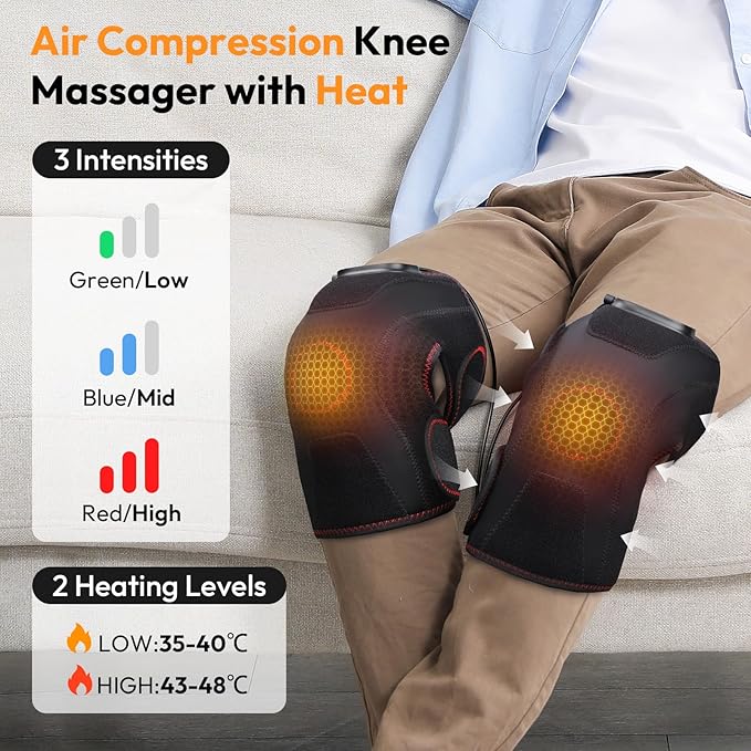 QUINEAR Knee Massager for Pain Relief,Air Compression Heating Pad for Knee,Heated Knee Warmers Wrap, 3 Modes & 3 Intensities