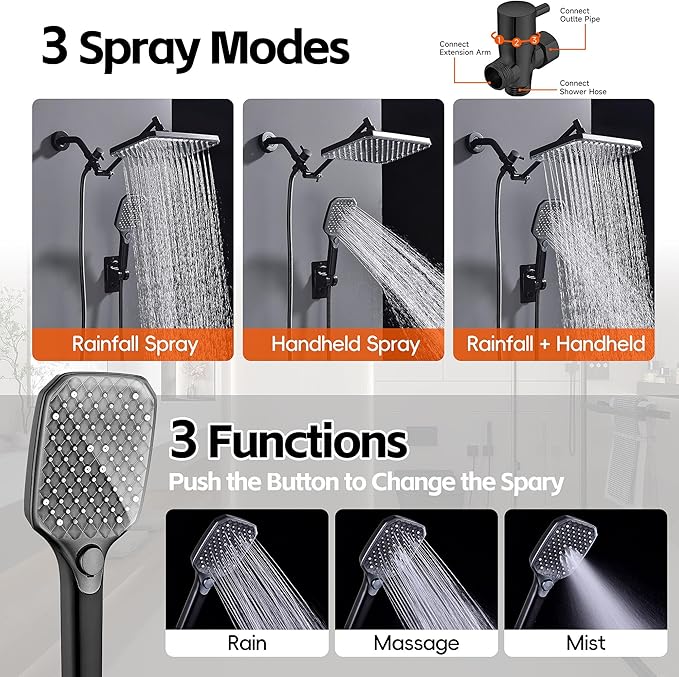 XXL 12.2" Rain Shower Head with Handheld Spray Combo, High Pressure Rainfall Shower Head, Height Adjustable Dual Shower Head, Luxury Waterfall Showerhead Bathroom