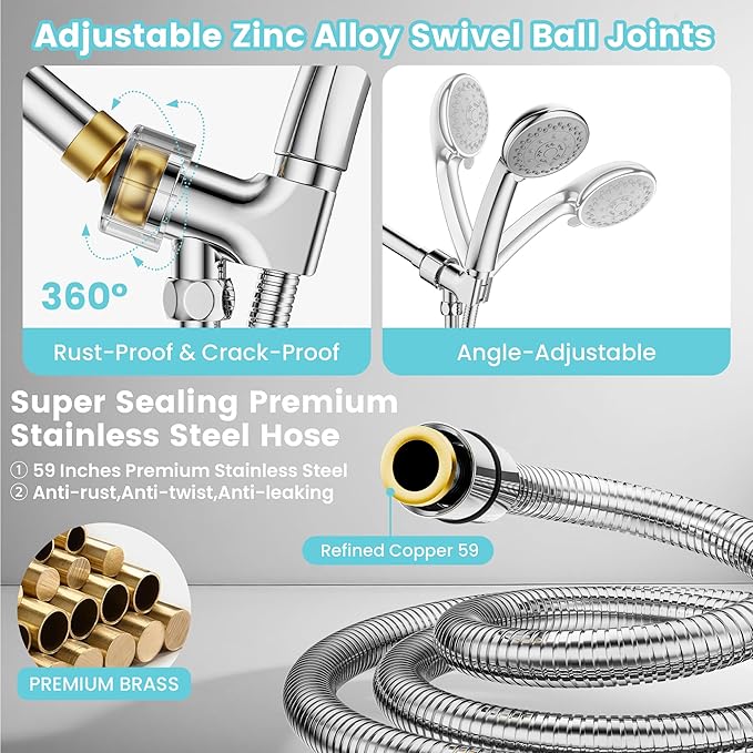 High Pressure Handheld Shower Head,5 Functions Powerful Water Spray Showerheads against Low Pressure Water Flow with Stainless Hose and Adjustable Mount, Chrome