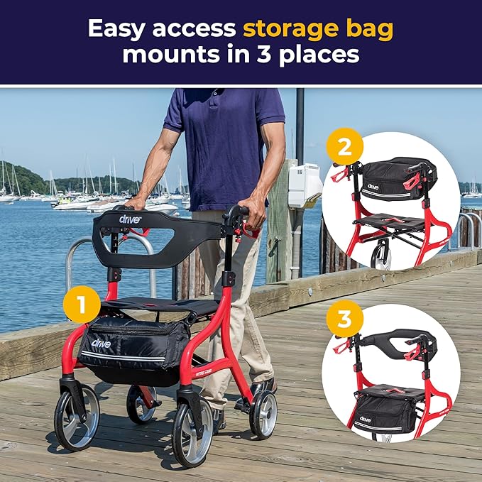 Drive Medical Nitro Sprint Foldable Rollator Walker with Seat - Lightweight Support - Large Wheels - Compact Folding Design - Adjustable Comfort - Standard Size - Red