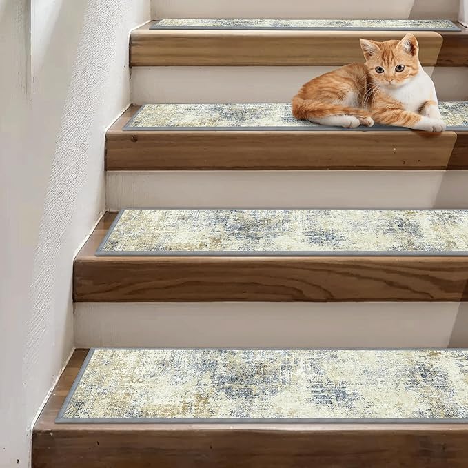 sarben Carpet Stair Treads Non Slip 15PCS, 8" X 30" Edging Stair Runner for Wooden Steps Indoor, Resistant Stair Rugs with Reusable TPE Adhesive Backing, Residue Mat for Elders, Pets, Ivory/Denim