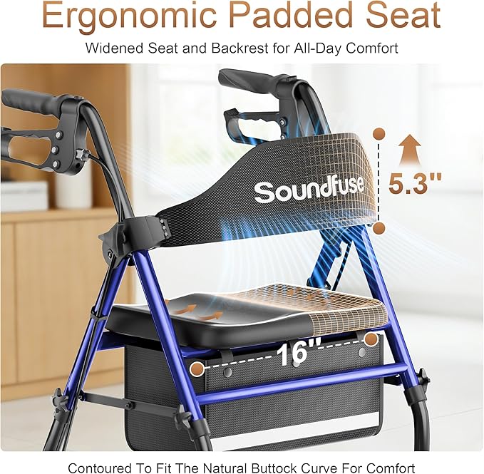 SOUNDFUSE Walkers for Seniors, Rollator Walker with Seat, 8" All Terrain Wheels, Double Support Bar, 16" Ergonomic Arc Seat and Comfortable Backrest, Dual Height Adjustable and Foldable Design