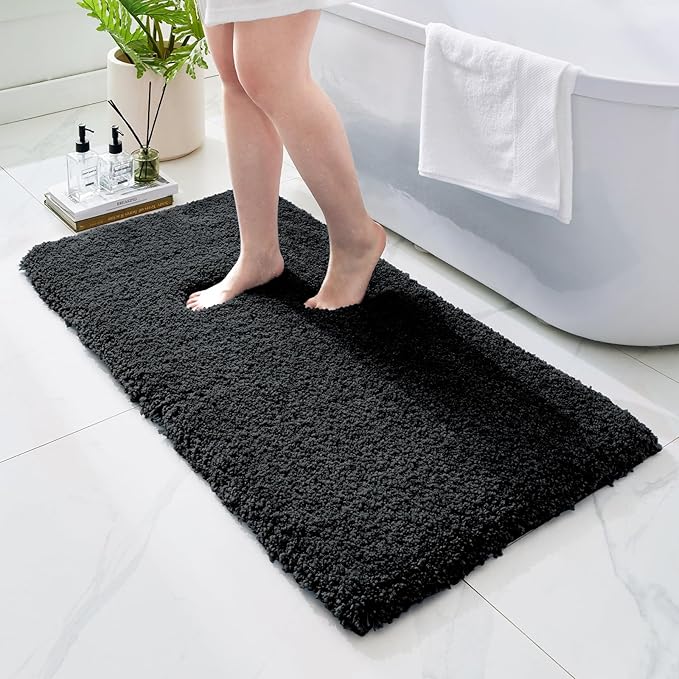 Bathroom Rugs Non Slip Washable 48x24, Ultra Thick Soft Microfiber Absorbent Bath Mats, High Density Foam Latex Non Slip Backing Bath Rugs, Fluffy Floor Carpet for Tub&Shower, Black