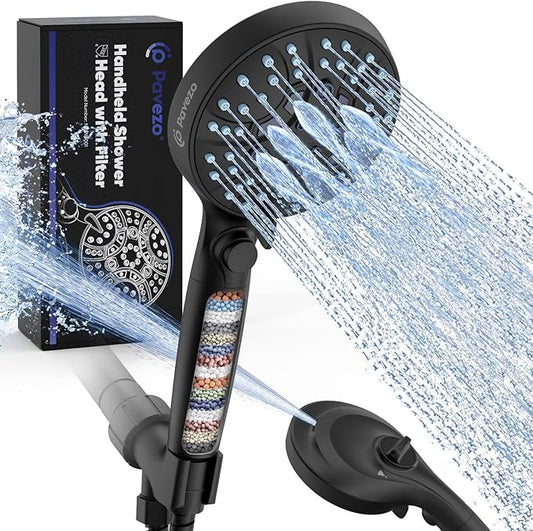 Pavezo® High Pressure Handheld Shower Head with Filter, ON/OFF Switch Pause Button, 10-mode Shower Head with Hard Water Softener Filters, SS Hose, Anti-clog & Powerful to Clean Tile & Pets, Black