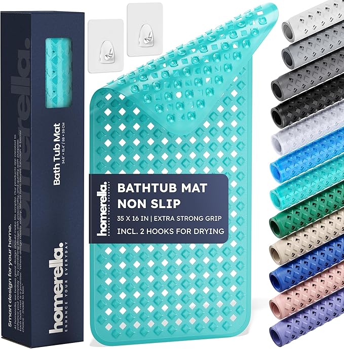Bathtub Mat Non Slip 35x16 - homerella® Bath Mat Incl. Hooks for Drying, Extra Long, 100% BPA Free, Shower Mat Non Slip Anti Mold, Machine Washable, Shower Mats for Inside Shower Mildew Resistant