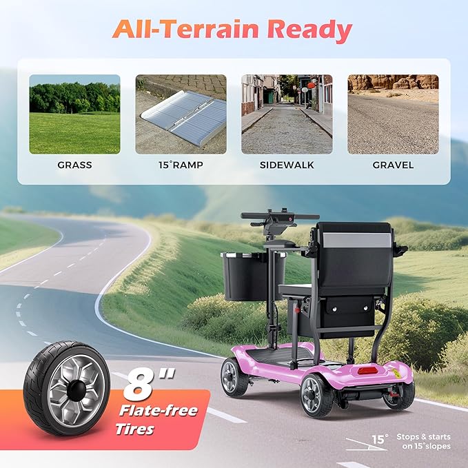 Lightweight Mobility Scooter for Adults & Seniors - Cruise & Airport Approved, 43lb Foldable Portable Motorized Scooters with Removable Lithium Battery for 12.4 Miles Travel, 300lb Capacity, Pink