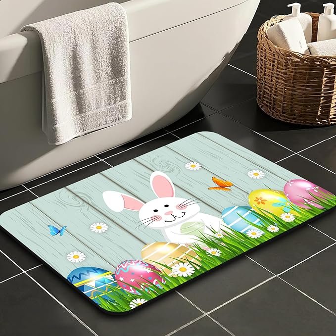 Quick Dry Bath Mat for Bathroom,Super Absorbent Spring Easter Bath Rug Non-Slip Rubber Backing,Machine Washable Bathroom Floor Mat for Shower, Tub, Sink Area Eggs Bunny Cute Rabbits 16x24